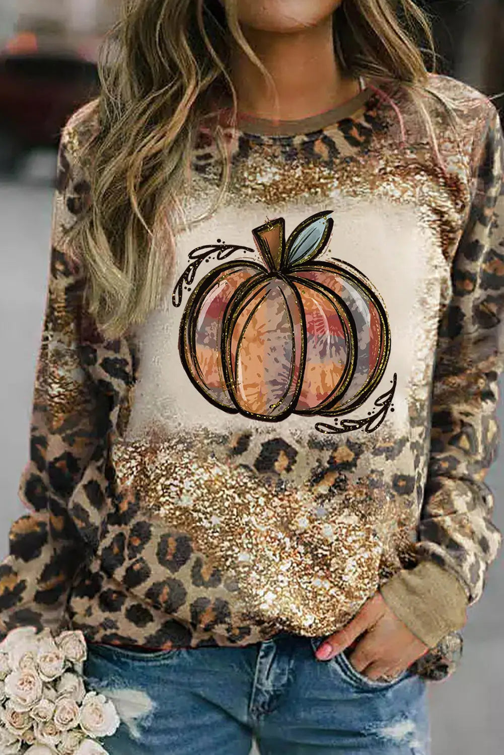 Leopard tie dyed polished pumpkin graphic long sleeve top - s / 95% polyester + 5% elastane