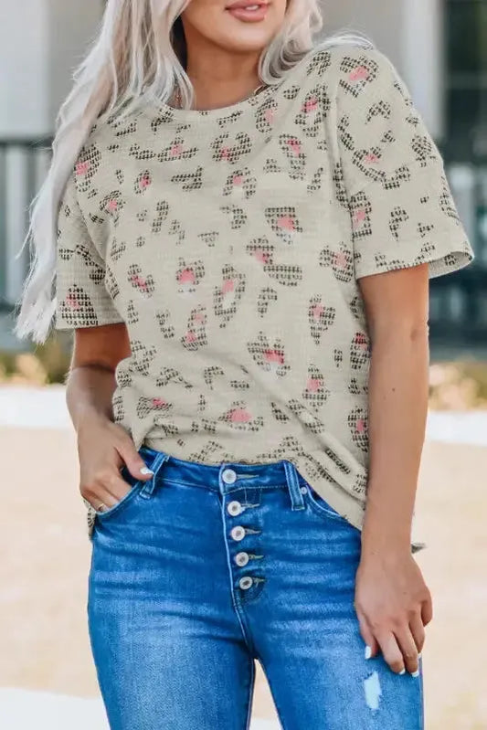 Leopard Waffle Knit Short Sleeve Top - Fashionfitz