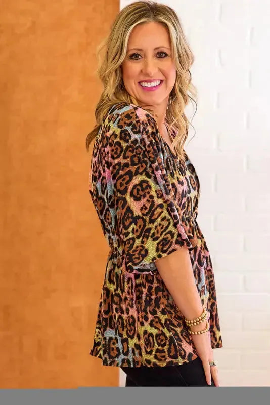 Leopard Wide Sleeve Peplum Hem Blouse - Fashionfitz
