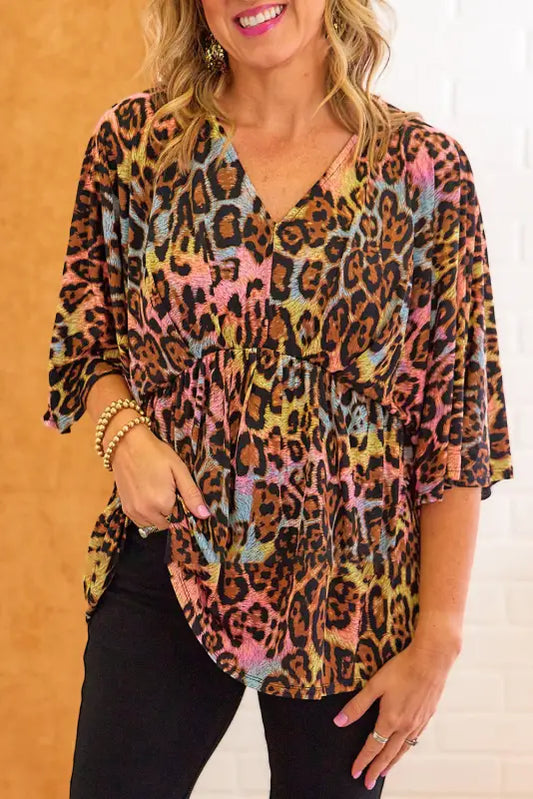 Leopard wide sleeve peplum hem blouse - multicolor / l / 95% polyester + 5% elastane - blouses