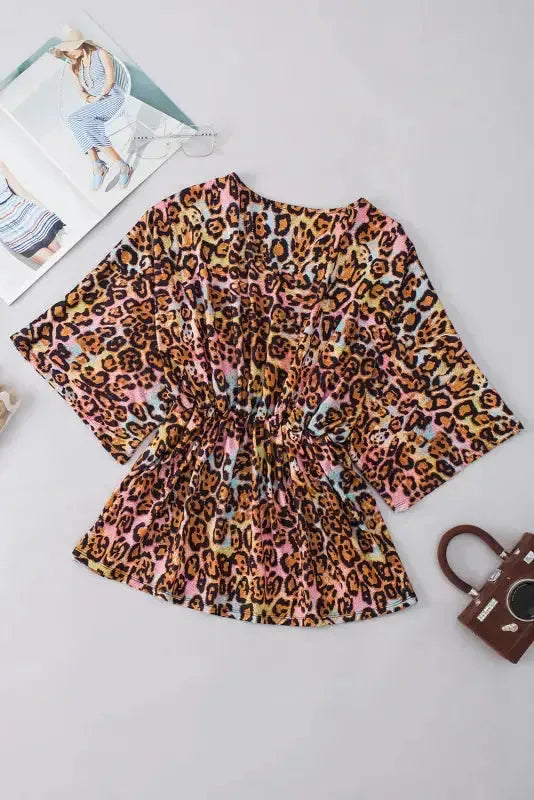 Leopard Wide Sleeve Peplum Hem Blouse - Fashionfitz