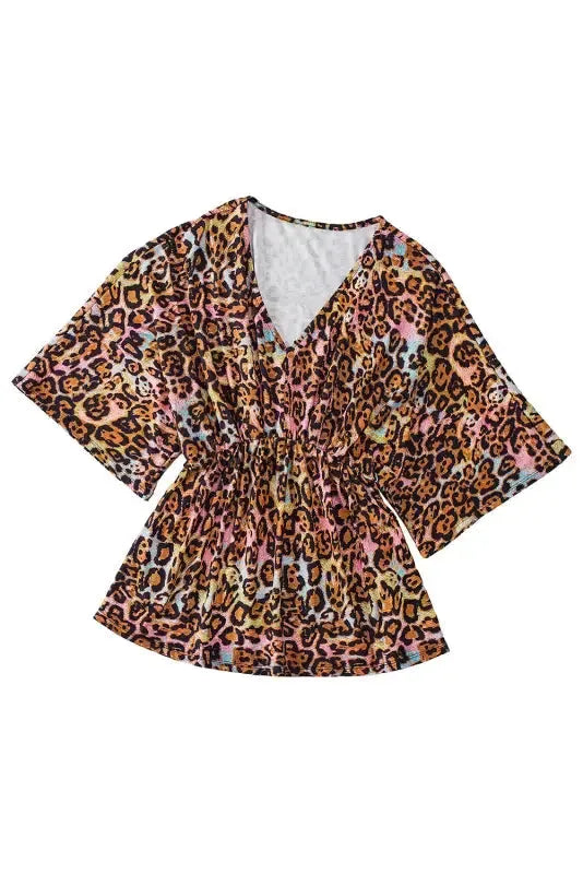 Leopard Wide Sleeve Peplum Hem Blouse - Fashionfitz