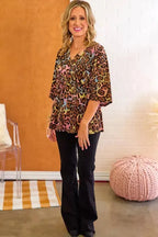 Leopard Wide Sleeve Peplum Hem Blouse - Fashionfitz