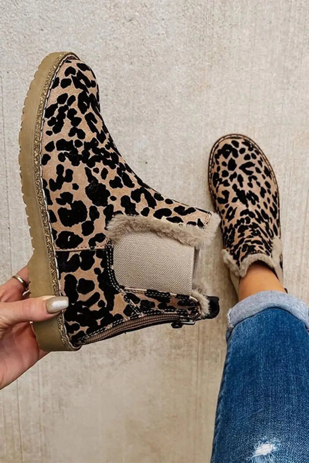 Leopard zip up fleece lining chelsea boots - 37 - shoes &