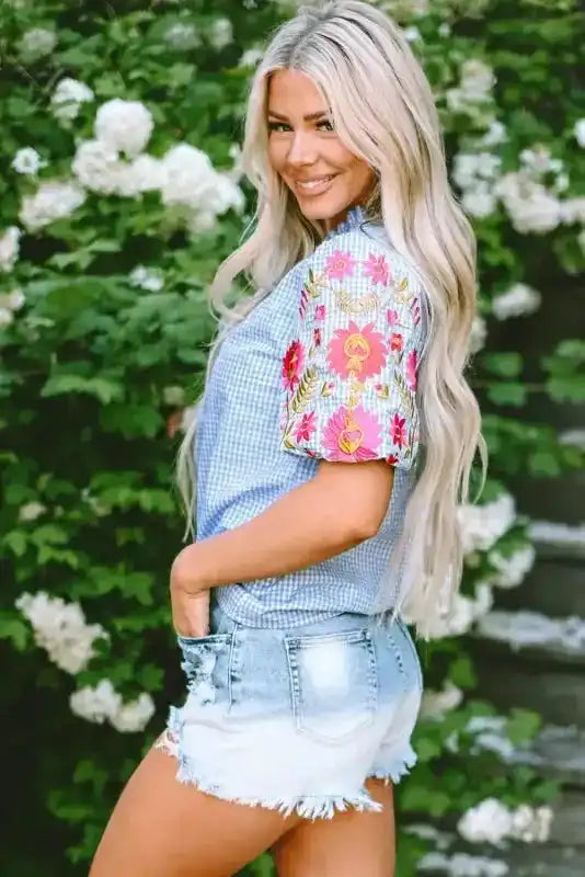 Back view of Light Blue Gingham Embroidered Puff Sleeve Blouse showing relaxed shift silhouette and puff sleeve shape — Fashionfitz