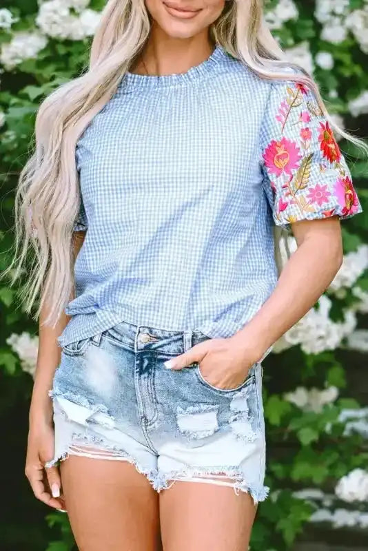 Light Blue Gingham Floral Embroidered Puff Sleeve Blouse Women UK — front view showing gingham check with floral embroidery and frilled neckline — Fashionfitz