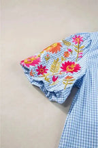 Light Blue Blouse - Gingham Floral Embroidered Puff Sleeve - Fashionfitz
