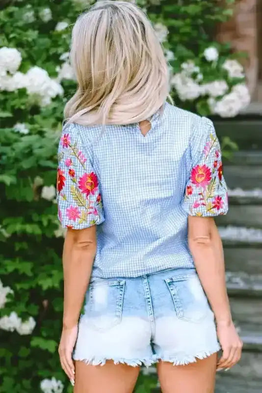 Side view of Light Blue Gingham Floral Embroidered Blouse showing puff sleeve structure and 100% cotton fabric drape — Fashionfitz