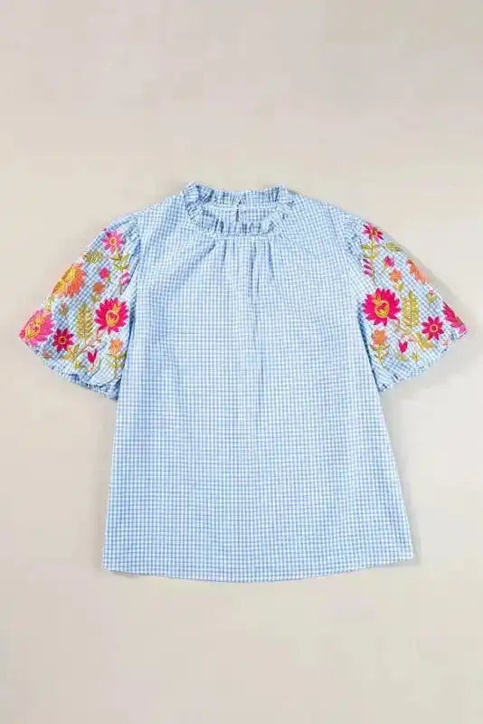 Close-up of Light Blue Gingham Embroidered Blouse showing intricate floral embroidery on gingham check cotton fabric — Fashionfitz
