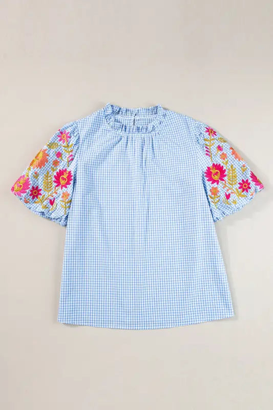 Chic light blue gingham blouse | floral embroidery & puff sleeves