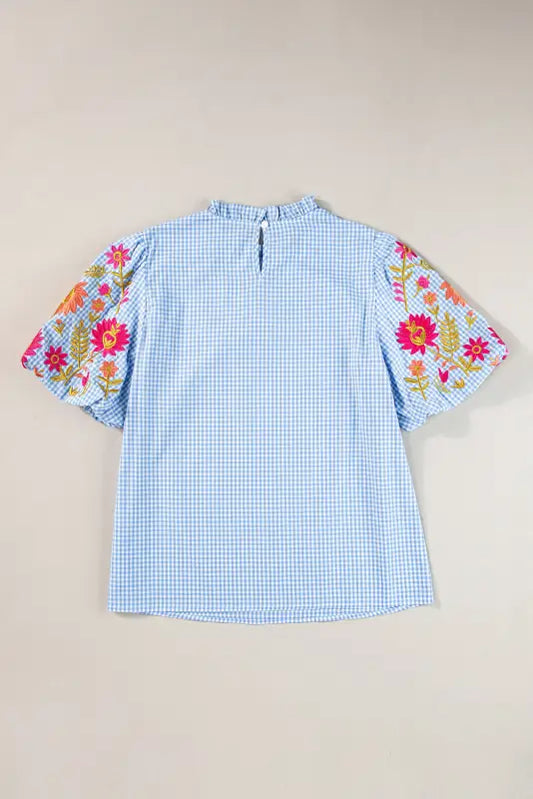 Chic light blue gingham blouse | floral embroidery & puff sleeves