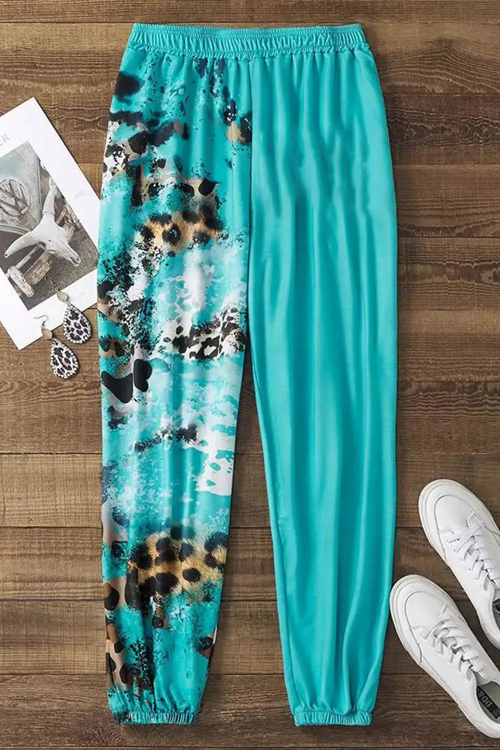 Light blue contrast leopard tie-dye print jogger pants - joggers