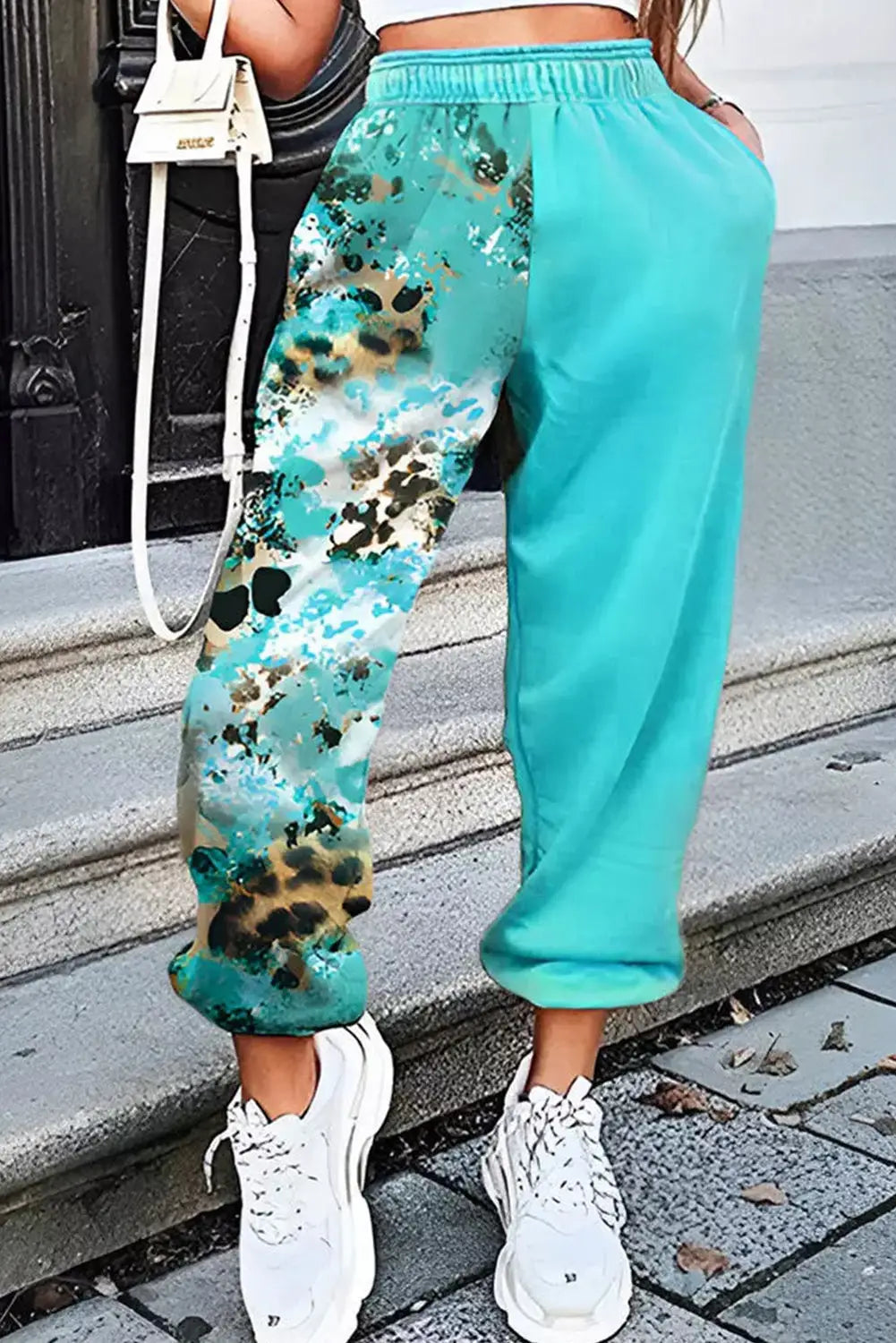 Light blue contrast leopard tie - dye print jogger pants - l 95% polyester + 5% elastane joggers