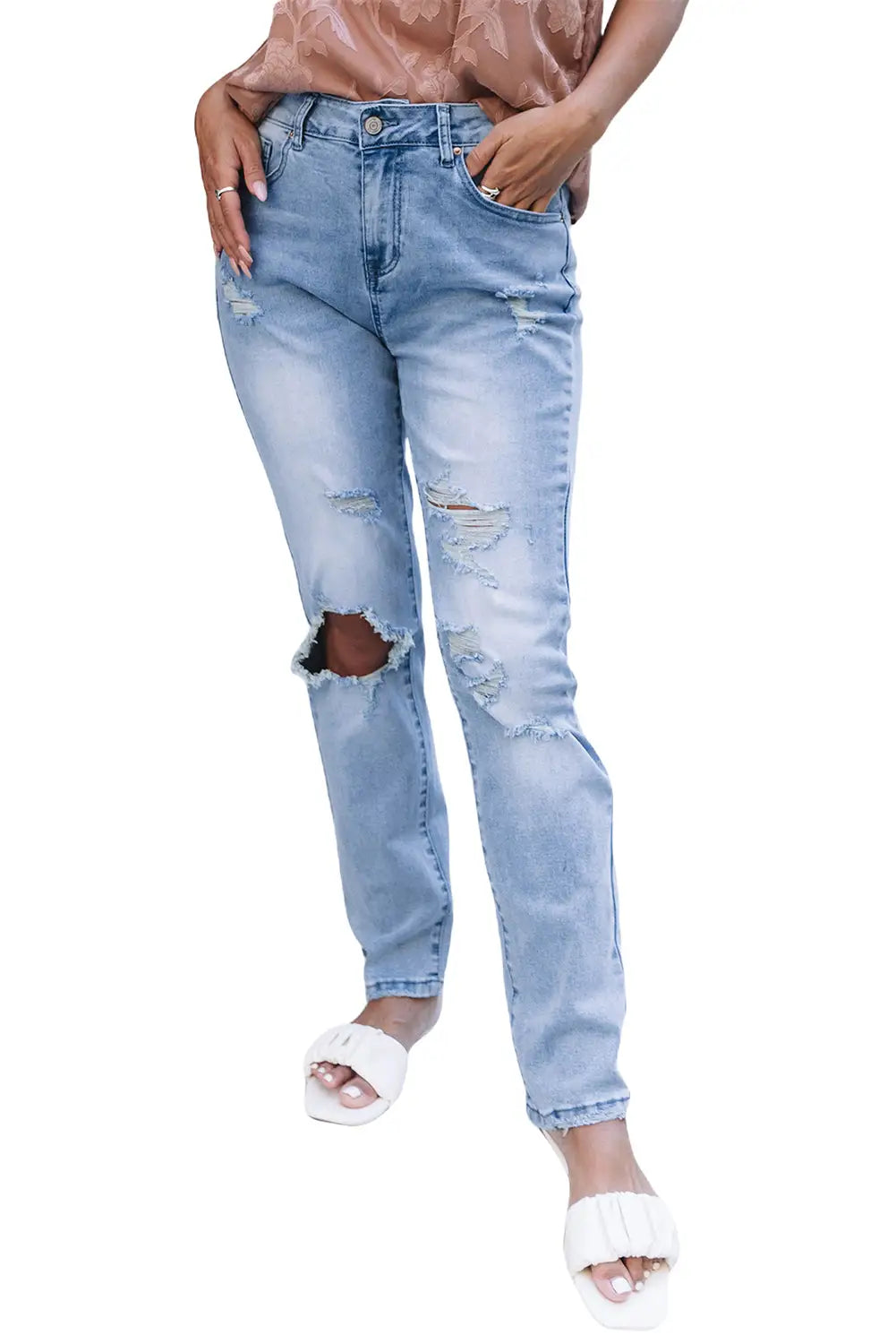 Light blue distressed holes straight jeans