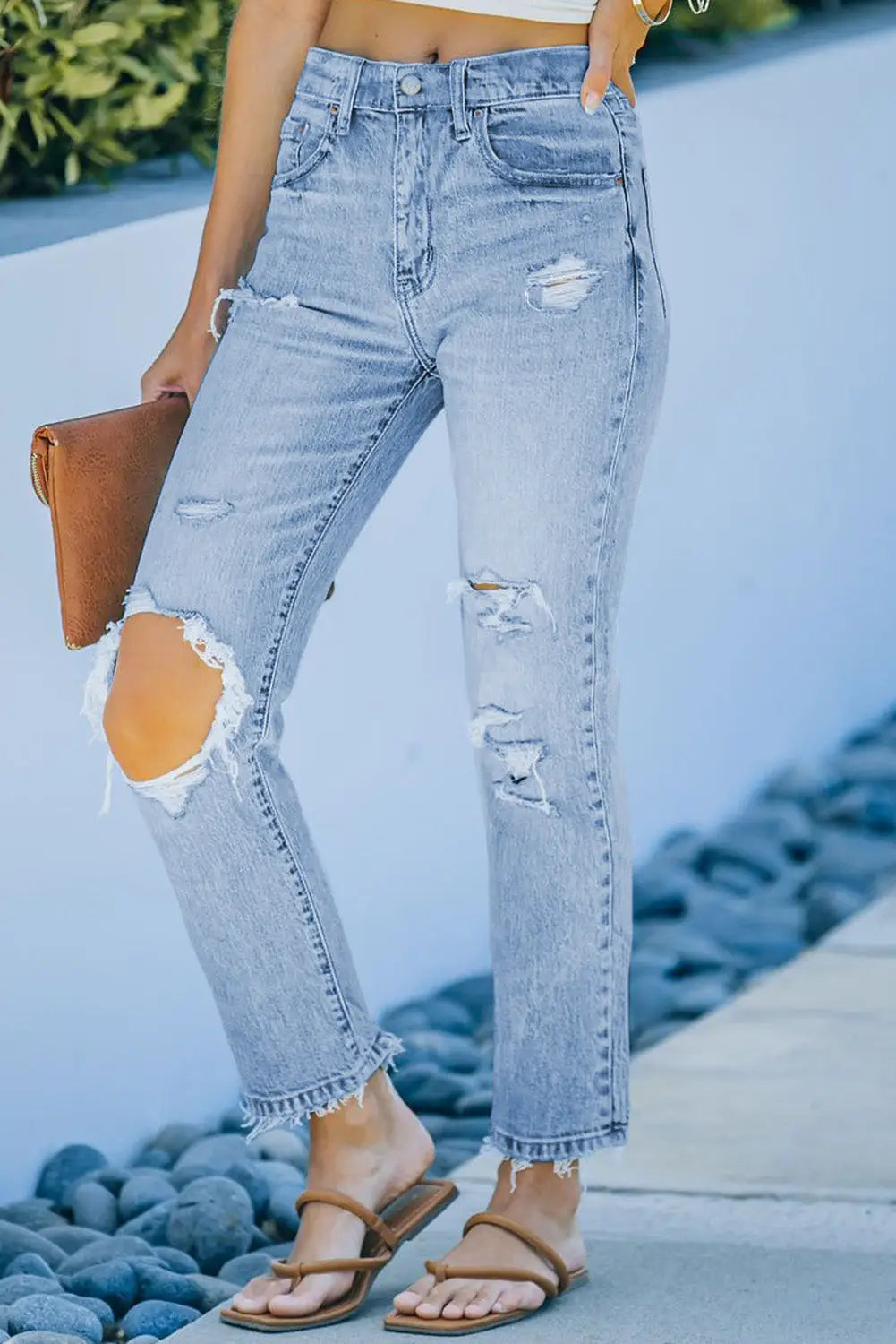Light blue distressed holes straight jeans