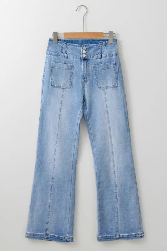 Light blue flare jeans - fly button exposed seam patched pocket - bottoms/jeans