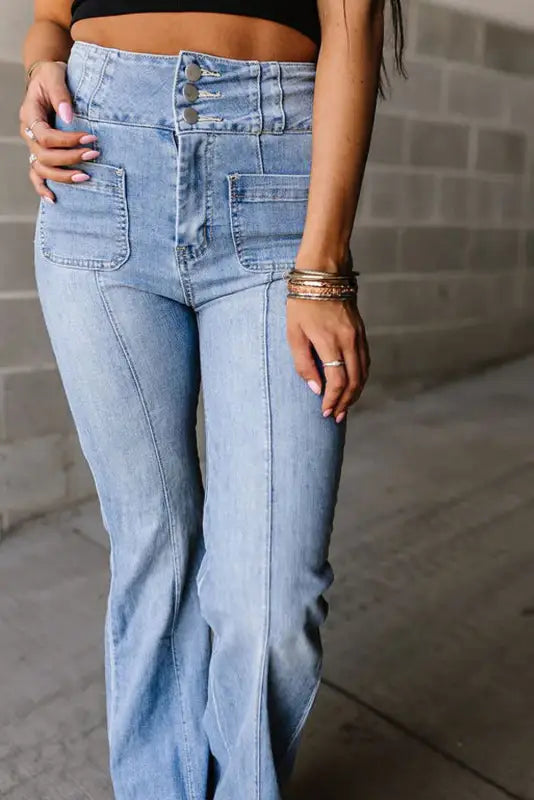 Light blue flare jeans - fly button exposed seam patched pocket - bottoms/jeans