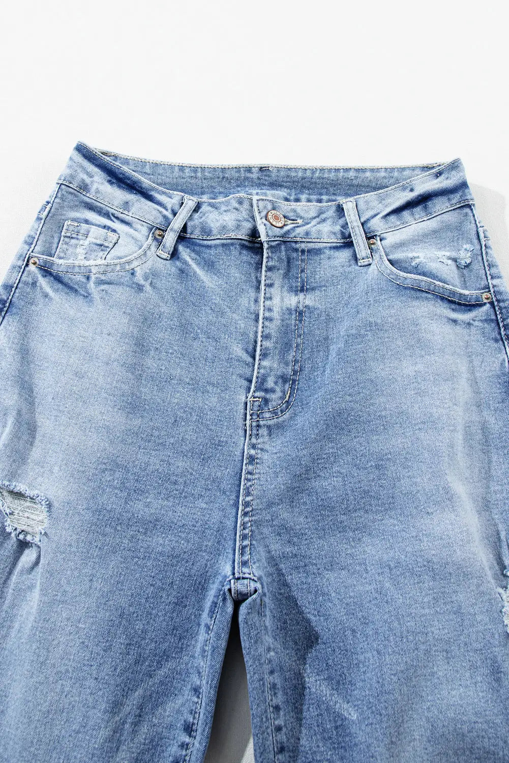 Light blue high rise distressed straight leg jeans - bottoms