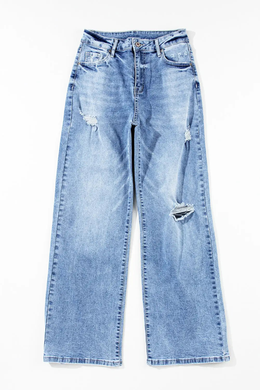 Light blue high rise distressed straight leg jeans - bottoms