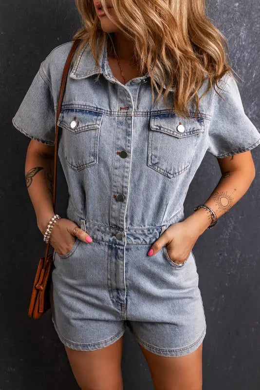 Light blue vintage washed denim romper - s / 71% cotton + 27.5% polyester + 1.5% elastane - rompers