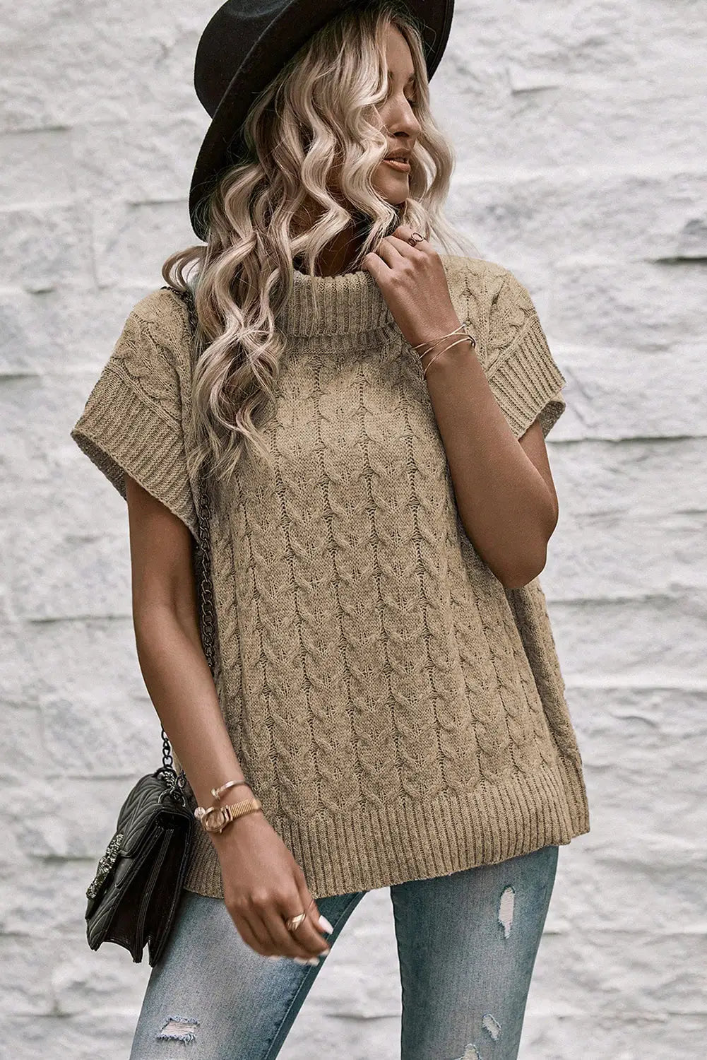 Light french beige cable knit turtleneck batwing sleeve sweater - sweaters & cardigans