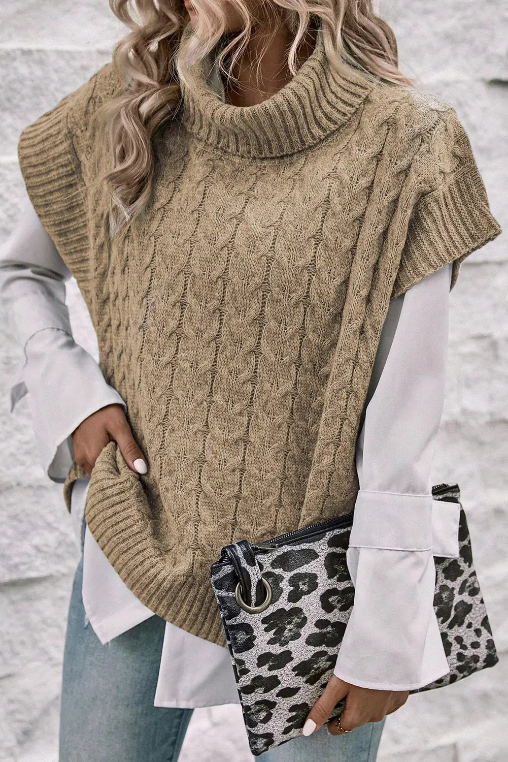 Light french beige cable knit turtleneck batwing sleeve sweater - sweaters & cardigans