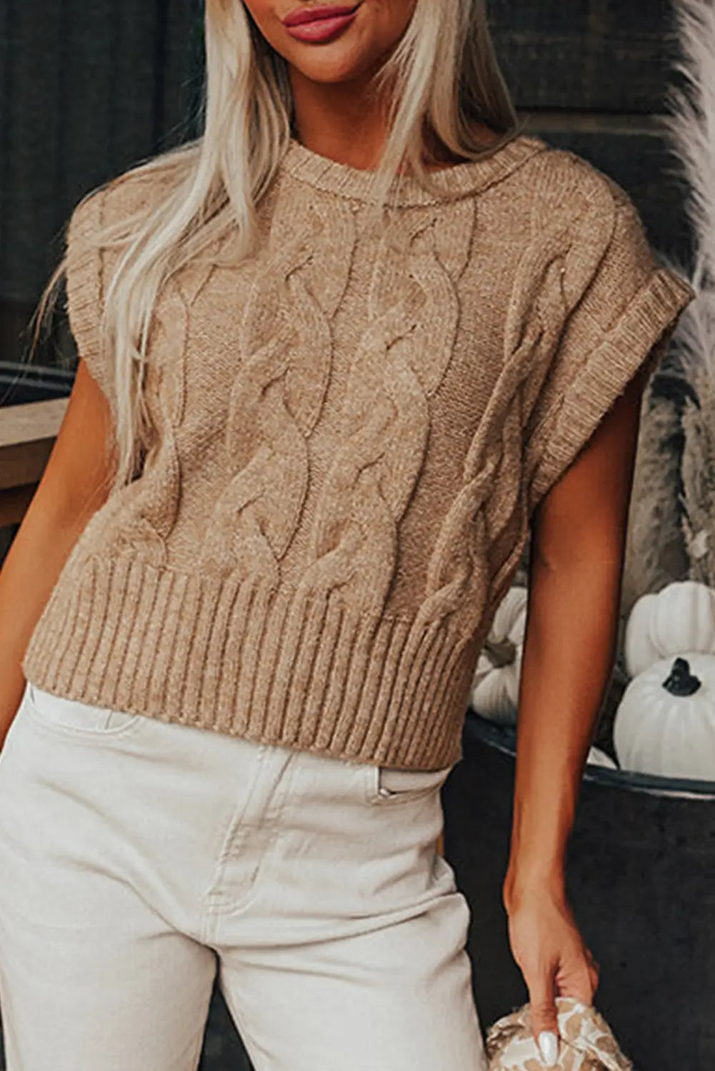 Light french beige cap sleeve cable knit sweater - l / 48% acrylic + 32% polyamide + 20% polyester - sweaters &