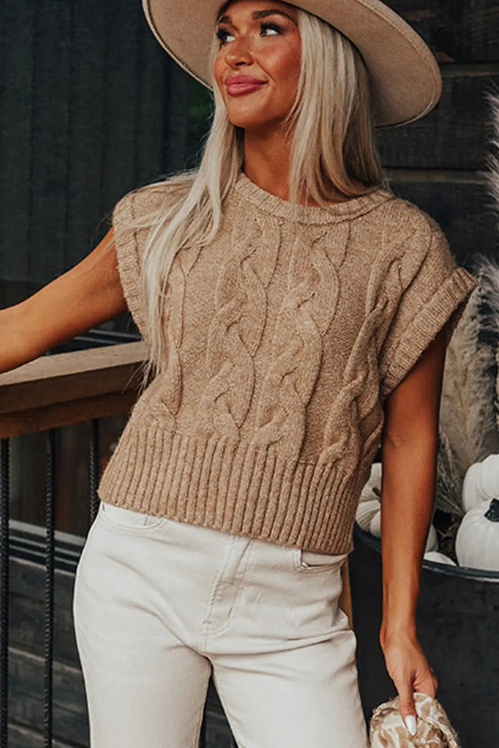 Light french beige cap sleeve cable knit sweater - sweaters & cardigans