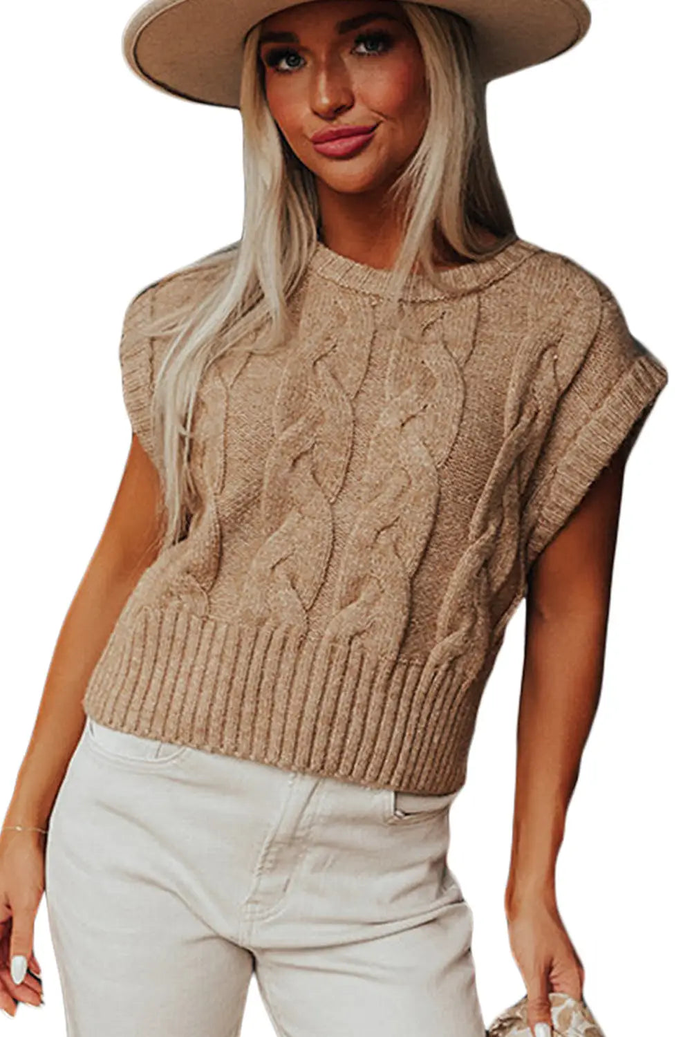 Light french beige cap sleeve cable knit sweater - sweaters & cardigans