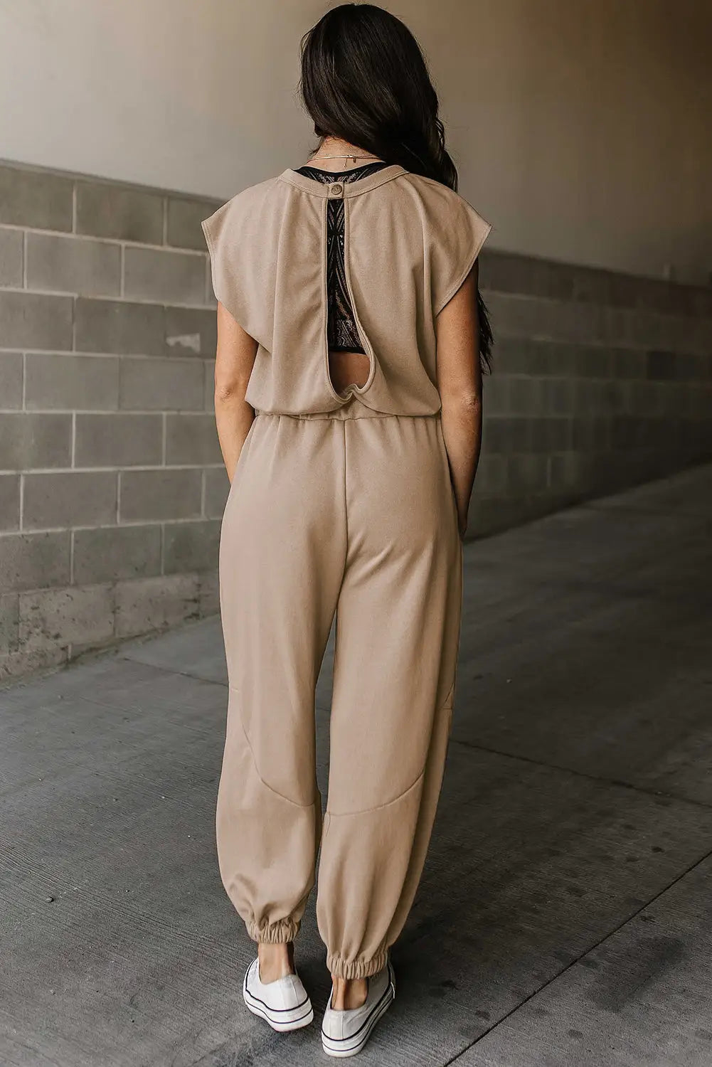 Light french beige cap sleeve open back drawstring jogger jumpsuit - jumpsuits & rompers