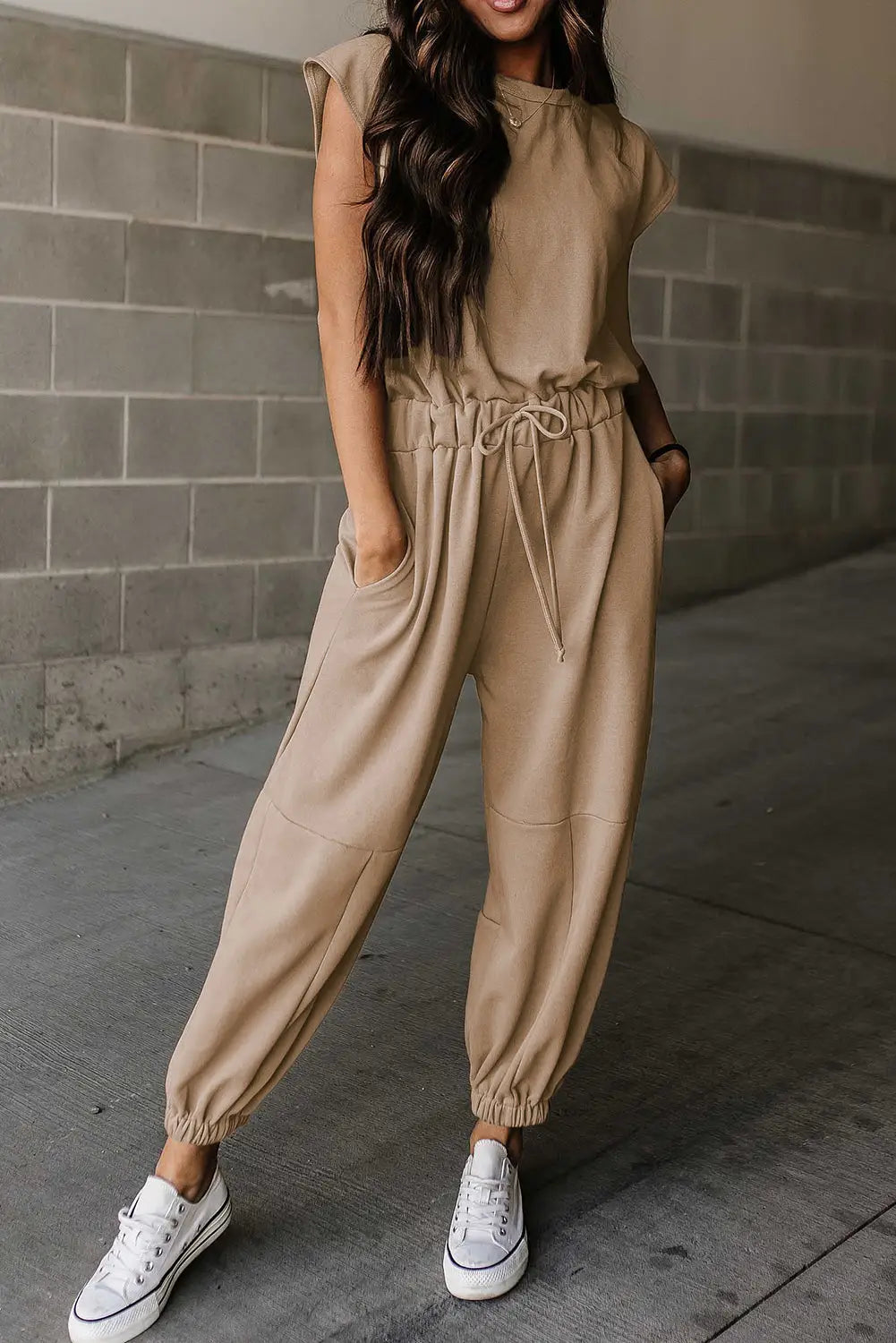 Light french beige cap sleeve open back drawstring jogger jumpsuit - l / 80% polyester + 20% cotton - jumpsuits &