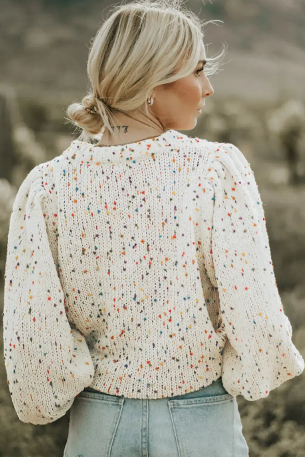 Light french beige colorful dots cable knit crew neck sweater - tops