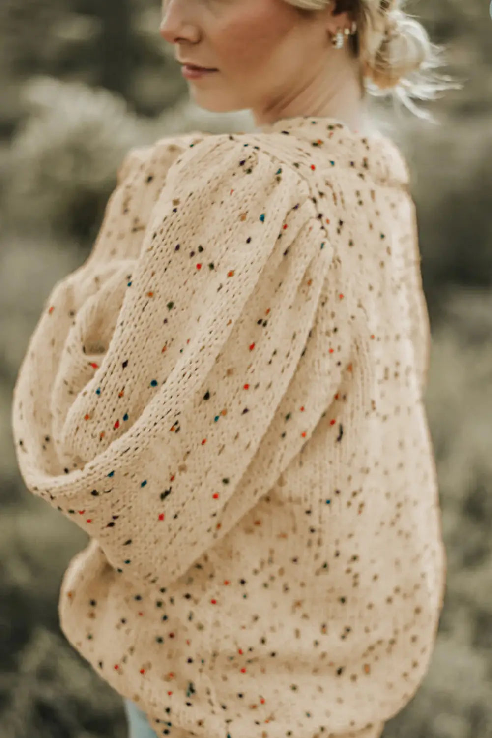 Light french beige colorful dots cable knit crew neck sweater - tops