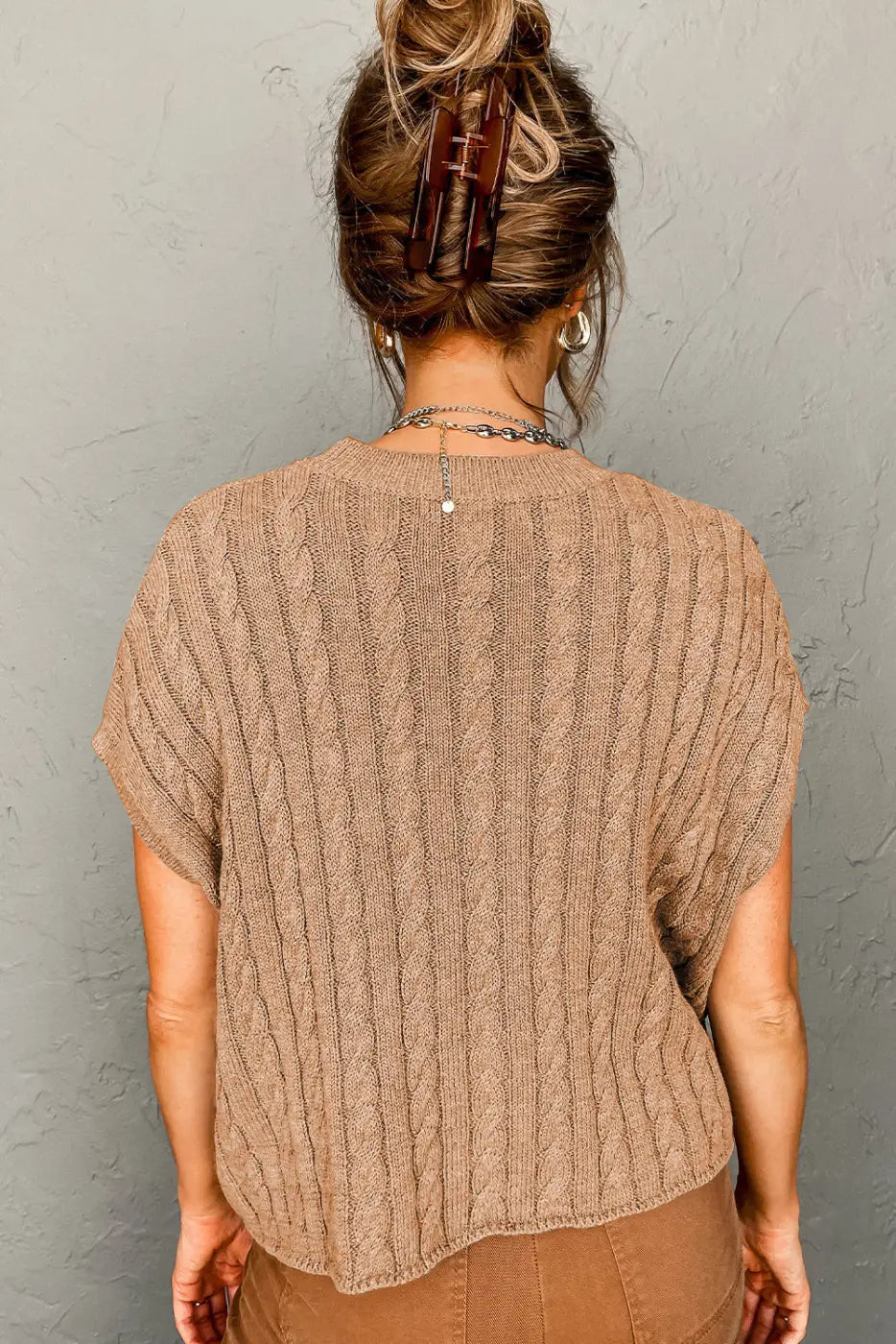 Cable knit short sleeve sweater - sweaters