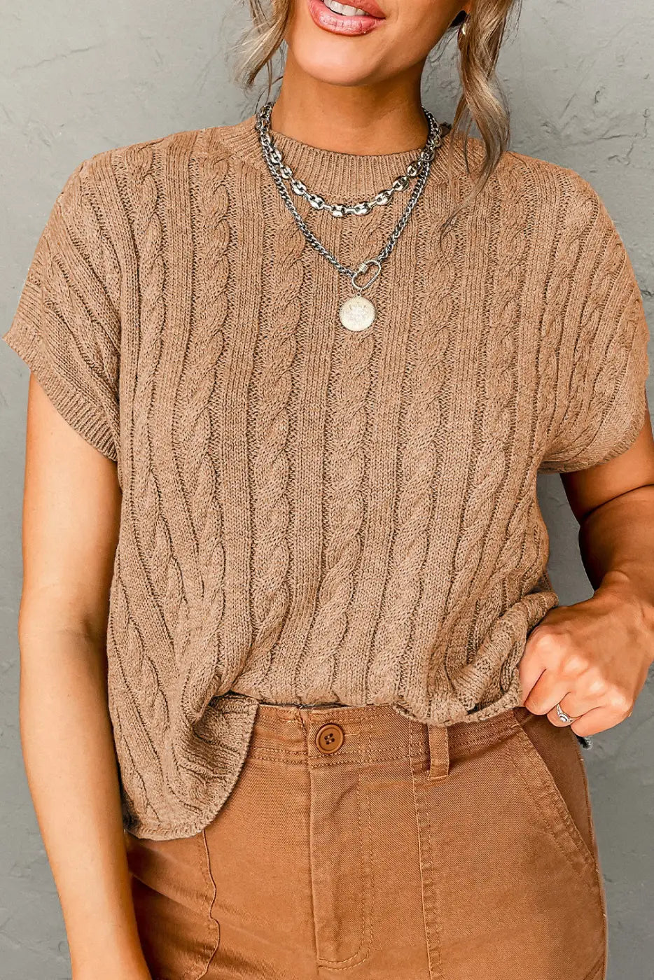 Cable knit short sleeve sweater - light french beige / l / 55% acrylic + 45% cotton - sweaters