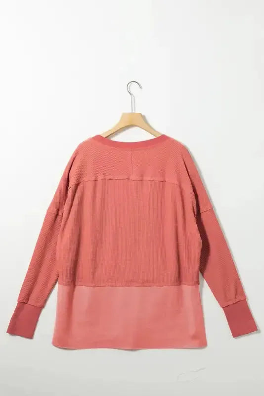 Light French Beige Exposed Seam Slit Neck Waffle Knit Patchwork Top - Fashionfitz