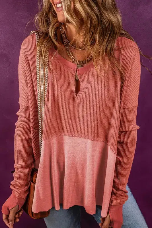 Light French Beige Exposed Seam Slit Neck Waffle Knit Patchwork Top - Fashionfitz