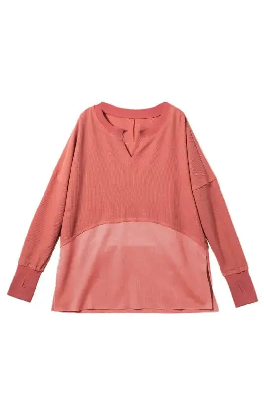 Light French Beige Exposed Seam Slit Neck Waffle Knit Patchwork Top - Fashionfitz