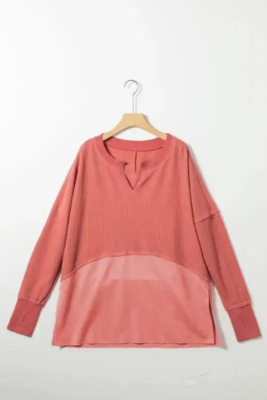 Light French Beige Exposed Seam Slit Neck Waffle Knit Patchwork Top - Fashionfitz