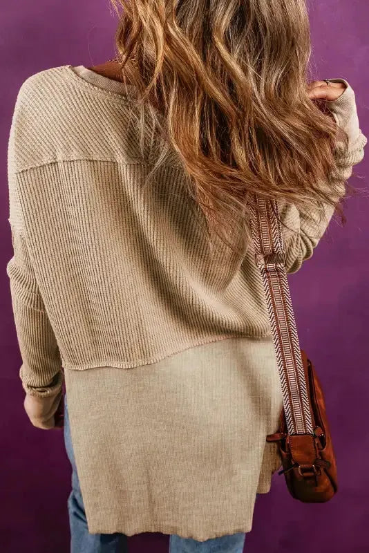 Light French Beige Exposed Seam Slit Neck Waffle Knit Patchwork Top - Fashionfitz