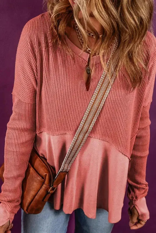 Light French Beige Exposed Seam Slit Neck Waffle Knit Patchwork Top - Fashionfitz