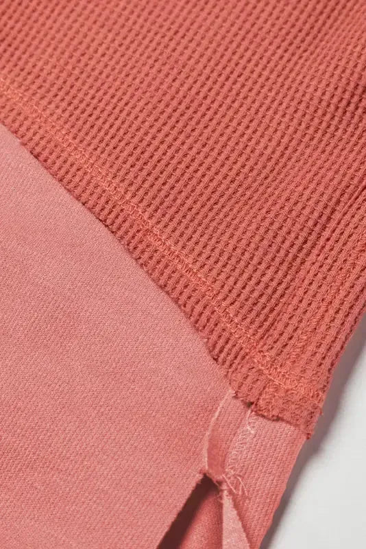 Light French Beige Exposed Seam Slit Neck Waffle Knit Patchwork Top - Fashionfitz