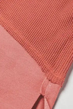Exposed seam and fabric contrast detail on dusty rose Women's Waffle Knit Tunic Top, showcasing high-quality stitching and design.
