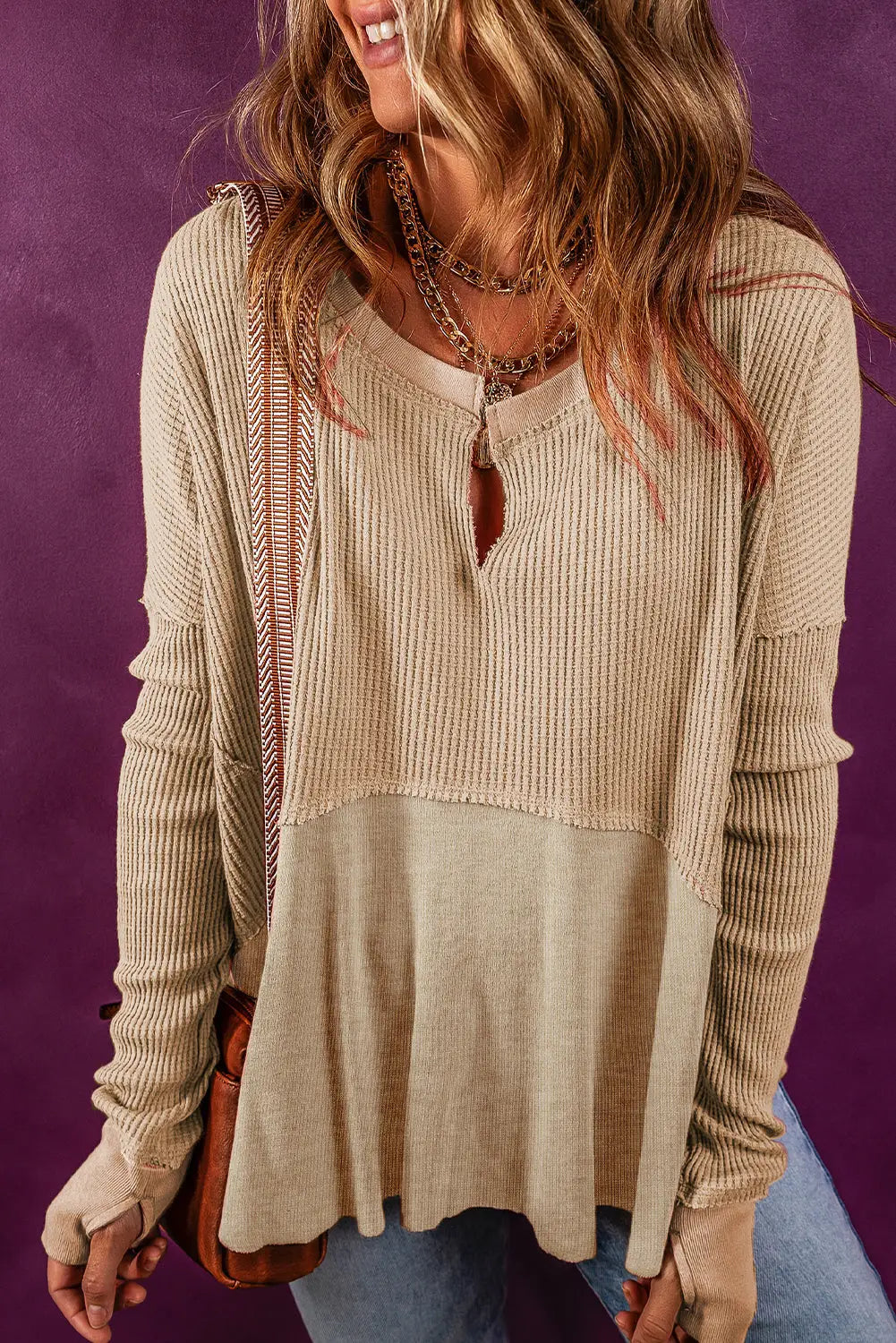 Light french beige exposed seam slit neck waffle knit patchwork top - s 62.7% polyester + 37.3% cotton long sleeve tops