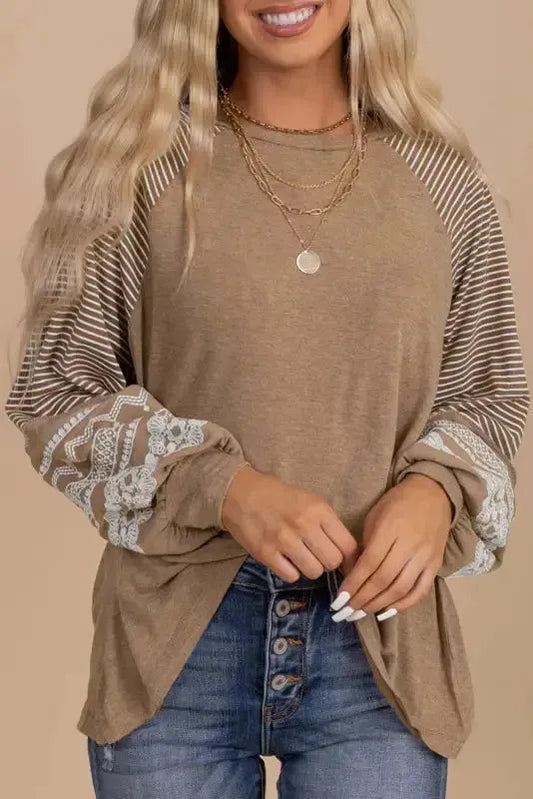 Light French Beige Floral Striped Patchwork Loose Long Sleeve Top - Fashionfitz