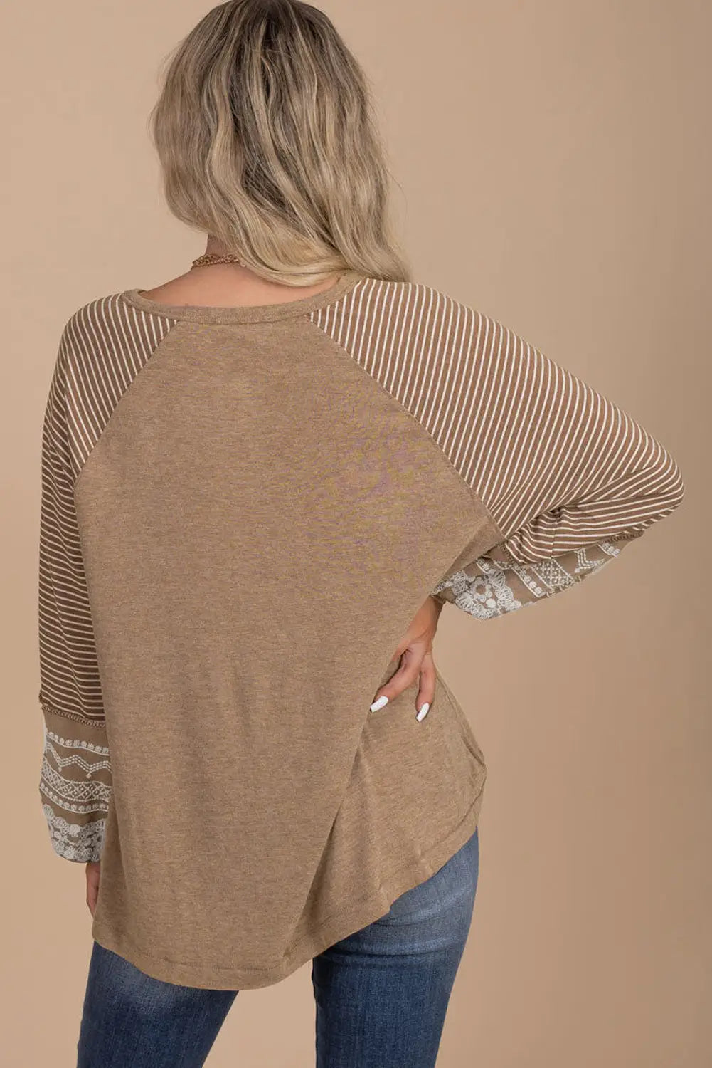 Light french beige floral striped patchwork loose long sleeve top - tops