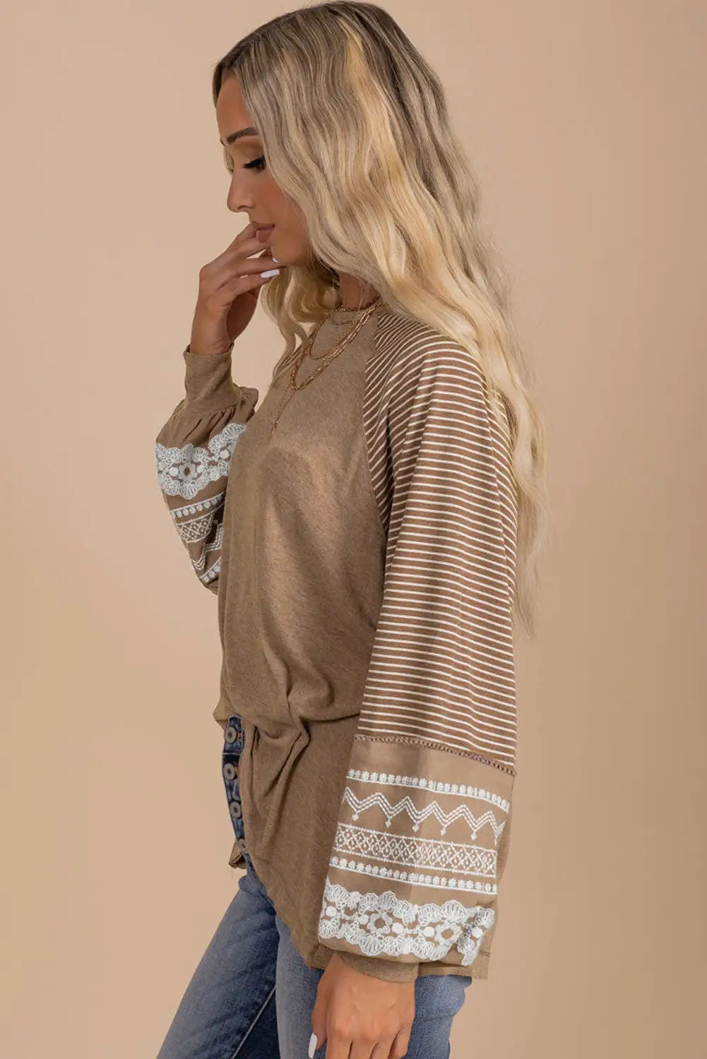Light french beige floral striped patchwork loose long sleeve top - tops
