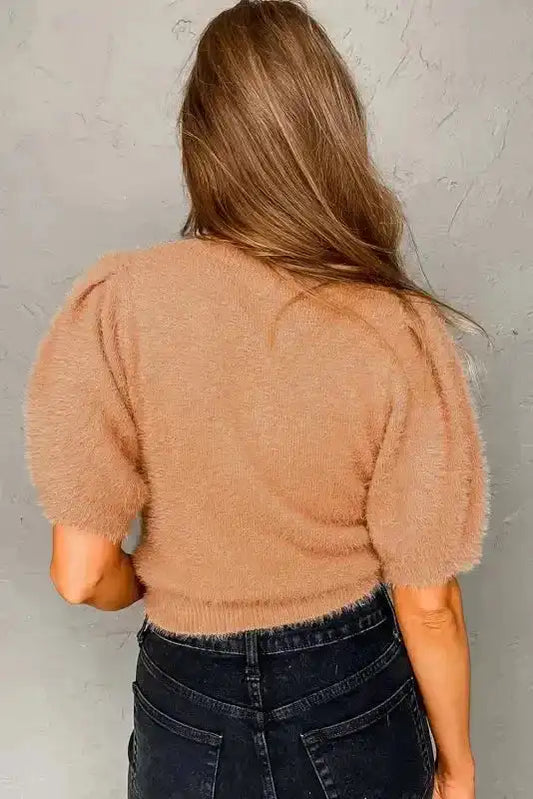 Light French Beige Fuzzy Short Sleeve Sweater - Fashionfitz