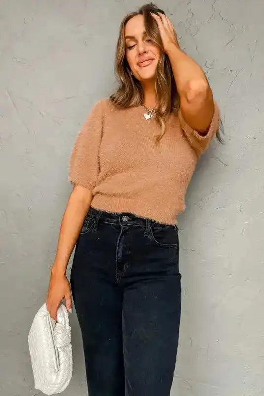Light French Beige Fuzzy Short Sleeve Sweater - Fashionfitz