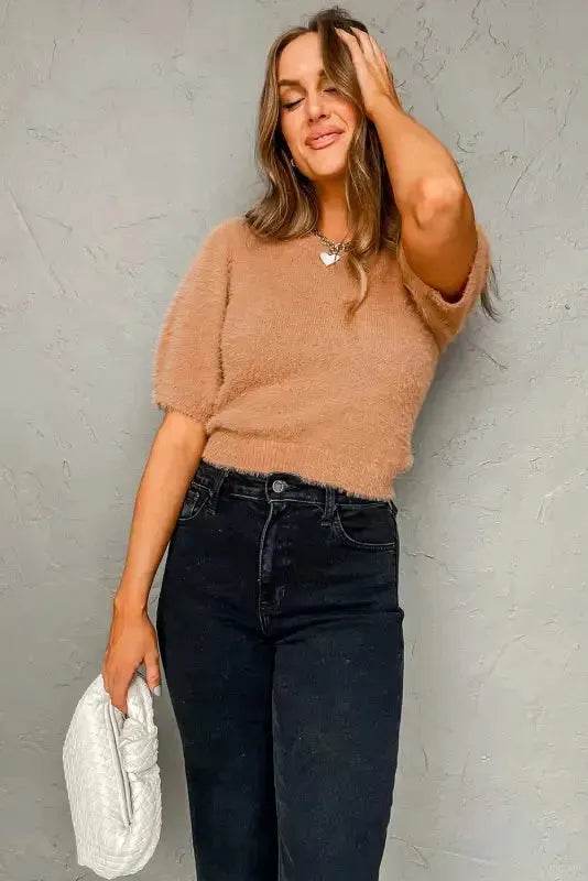 Light French Beige Fuzzy Short Sleeve Sweater - Fashionfitz